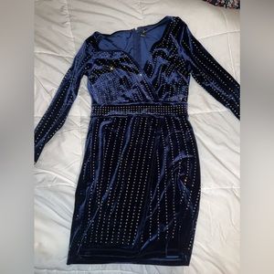 blue velvet crossover windsor dress with gold studs